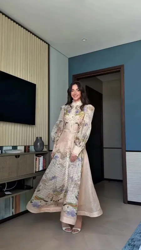 Spitze Gedruckt frauen Kleid Elegante Halb Hohe Kragen Lose Hülse Einreiher Gürtel Weiblichen Rock 2026 Sommer Dame Drapierte robe