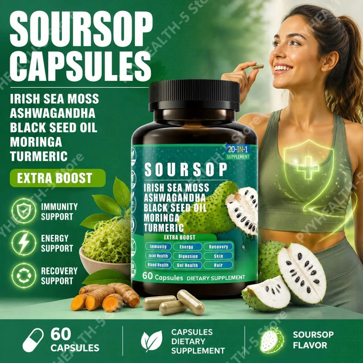 20‑IN‑1 Irish Sea Moss Capsules with Soursop Vitamin C & Vitamin D3 Immune Health & Digestive Support Plant‑Based 60 Capsules — image 2