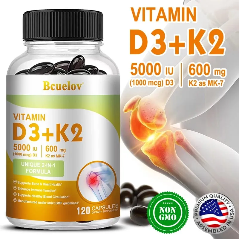 Bcuelov Witamina D3+K2 5000 j.m. Witamina D3 formuła bez GMO łatwy do połknięcia kompleksowy suplement diety z witaminą D i K