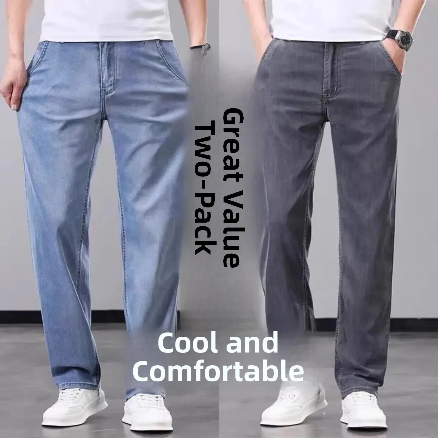 Summer Thin Wide Leg Pants Loose Fit Casual Ice Silk Jeans Men's Breathable Straight Cut Long Trousers Business Gentleman Style
