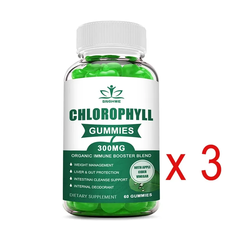 Chlorophyll Gummies-dengan ACV Vitamin D3 C E B12 -Tenaga Deodoran Asli Tingkatkan Imun & Pencernaan Menyokong Vegan 60 Gula-gula