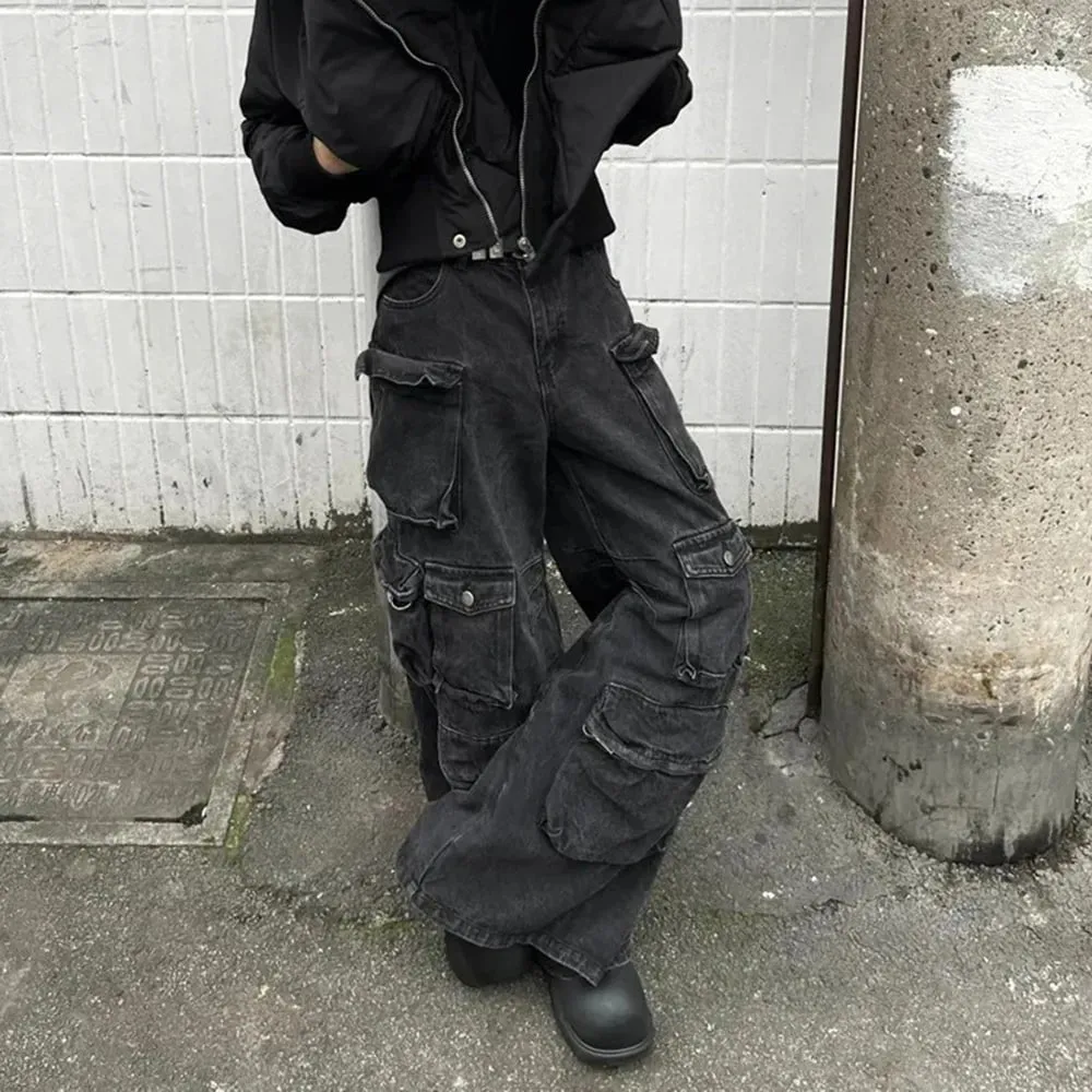 2025 Winter New Men's Multi-Pocket Wide-Leg Jeans American Retro Fashion Trend Street Hip Hop Casual Loose Niche Men's Bottoms — image 2