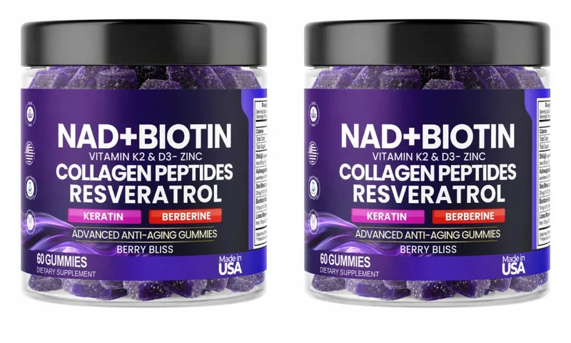 Biotin Collagen Gummies with NAD+ Resveratrol Vitamin D3 K2 Zinc Daily Beauty Wellness Supplement 60 Count Berry Flavor — image 11
