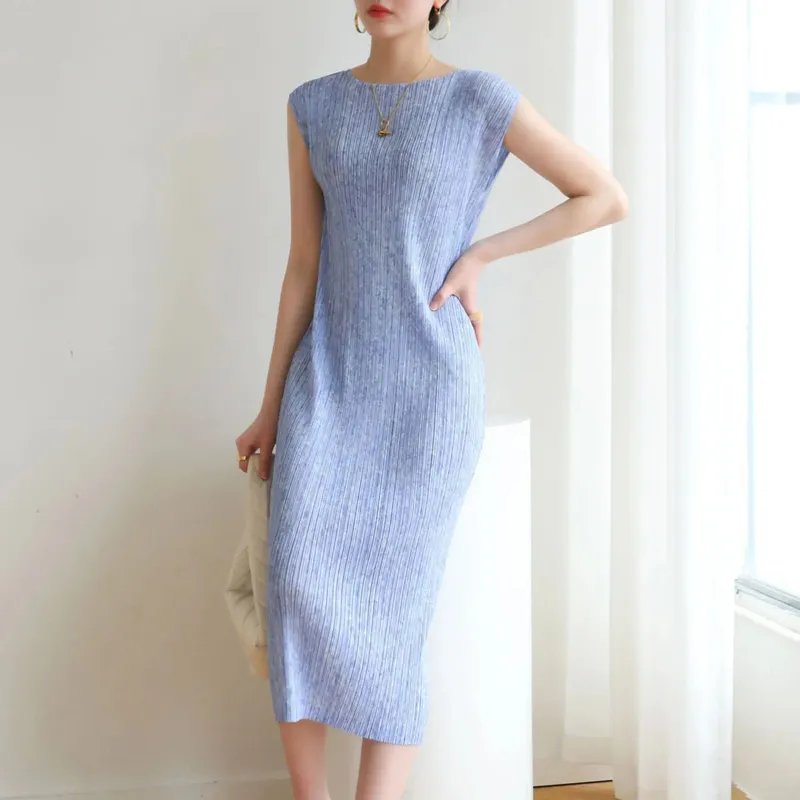 Miyake Pleated Solid Color Sleeveless Dress 2025 Summer New Draped Floral Print Temperament Commuter Casual Fashion Dresses