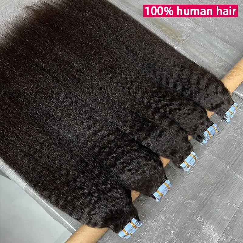 Kinky Straight Invisible Tape In Hair Extensions 100% Raw Virgin Human Hair Adhesive Seamless PU Skin Weft Full Head 40pcs — image 3