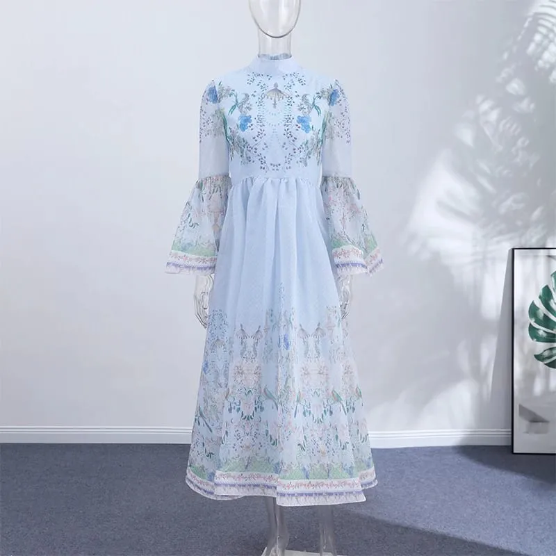 Elegant Printed Belted Maxi Dresses Women Slim Puff Sleeve Lace-up Stand Collar Dress 2026 New Ladies Summer Party Evening Grown — image 8