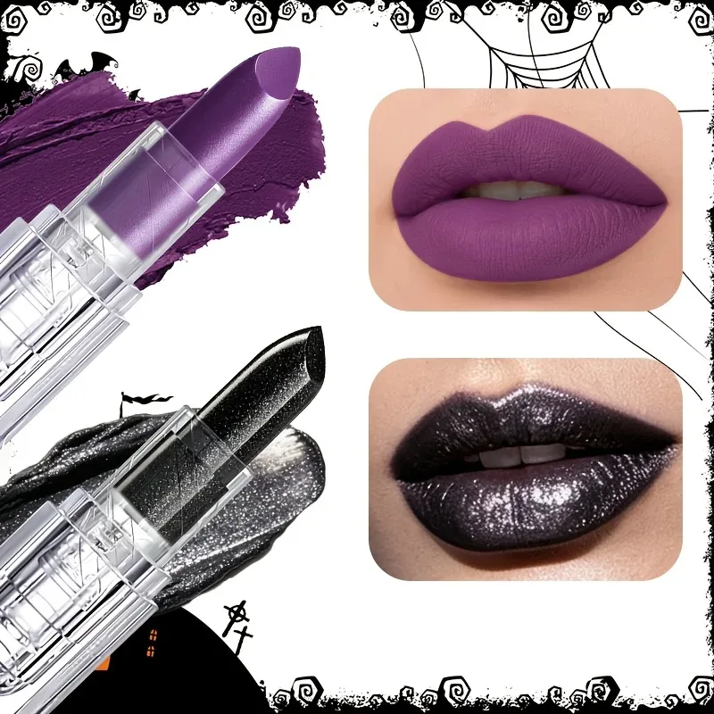 Clear Square Case Glitter Black Matte Purple Lipstick Halloween Cosplay Stage Creative Dark Lip Makeup