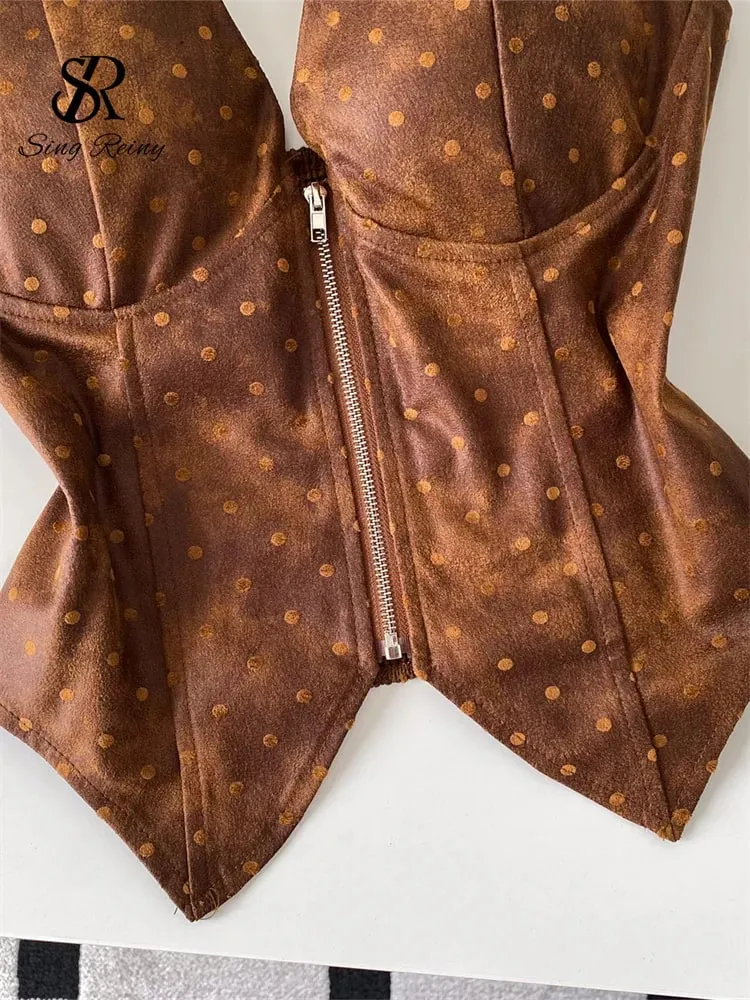 Polka Dot PU Leather Sexy Top Slim Backless Shirred Zipper Sensual Tank Top 2026 Women Trendy Halter Hotsweet Camisole