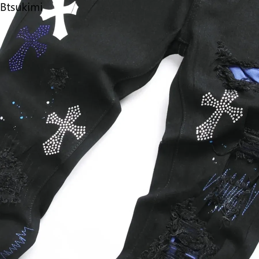 2026 New Men's Fashion Crystal Cross Stretch Denim Jeans Holes Ripped Distressed Black Pants Embroidery Slim Tapered Trousers — image 5