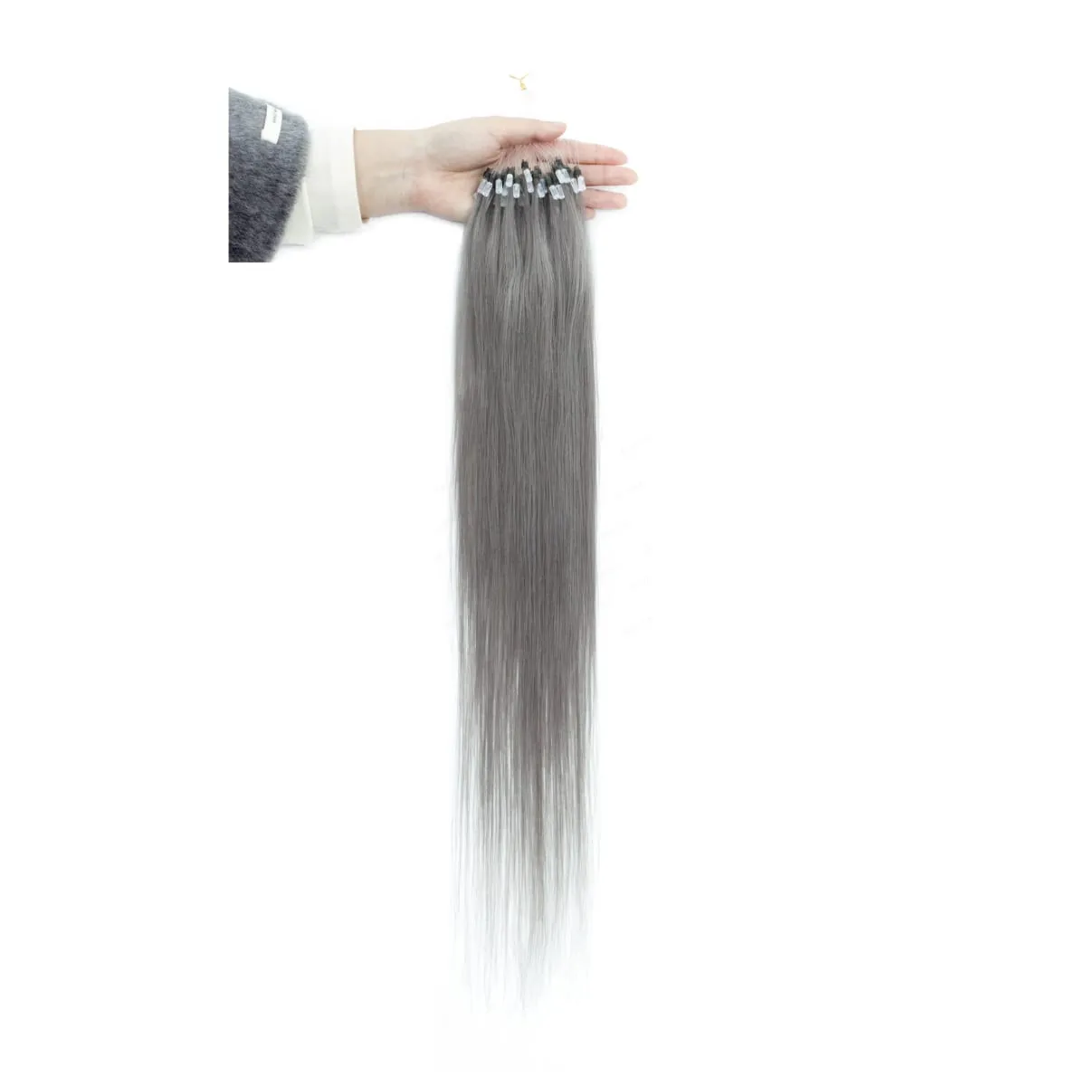 Colored Micro Link Hair Extensions Human Hair No Glue Virgin Human Hair for Women Girls 50 Strands Colorful 30G Gray — image 4