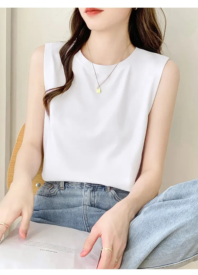 Simple Cotton Sleeveless Tank Top for Women—Classic Loose-Fitting Casual Base Layer Summer Round-Neck Base Layer T-Shirt Brea — image 3