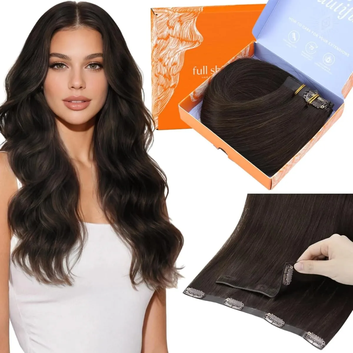 Full Shine 7 Pcs Genius Weft Clip In Hair Extensions Human Hair Seamless Invisible PU Weft Clip Ins For Women — image 9