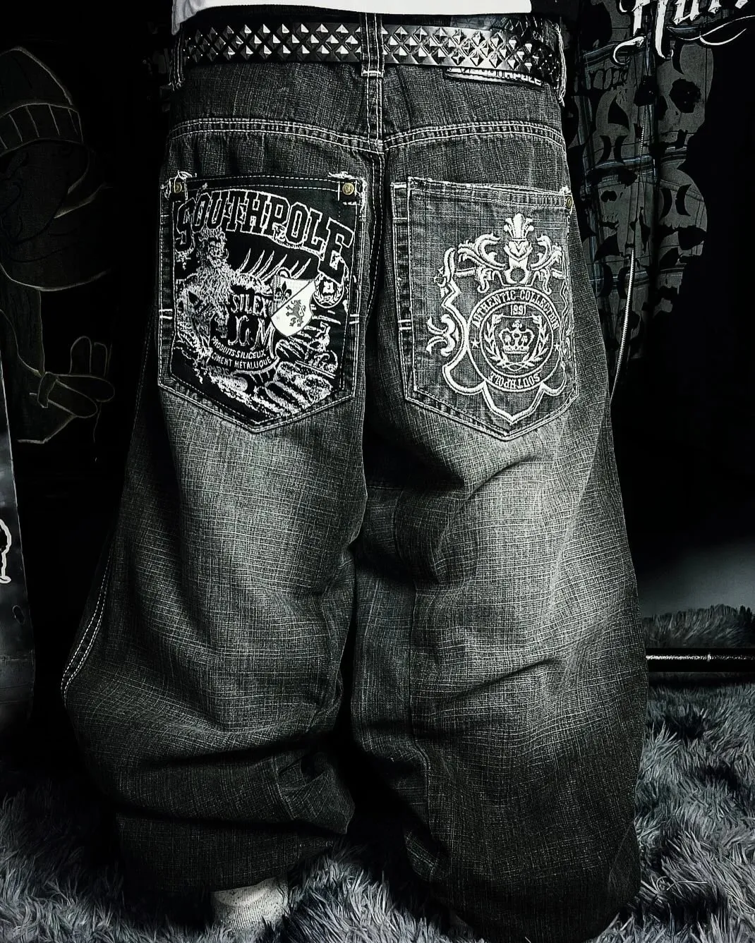American Hip-hop Oversized Jeans Mens Retro Skateboard Boy Wide-leg Pants Gothic Graffiti Couple Wide Y2k Southpole Pants — image 2