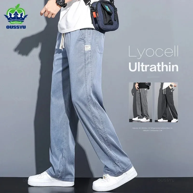 Sommer Blødt Lyocell stof Herre jeans Tynde Løse Lige Bukser Snøre Elastisk talje Korea Casual Bukser Plus Størrelse M-5XL