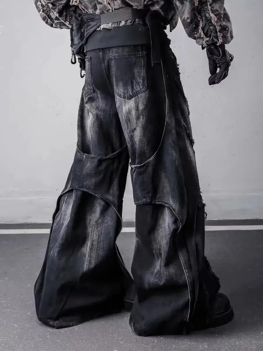 Men's Y2k Baggy Flare Jeans Harajuku Japanese 2000s Style Patchwork Denim Trouser Vintage Oversize Cargo Jeans Pants Clothes — image 4