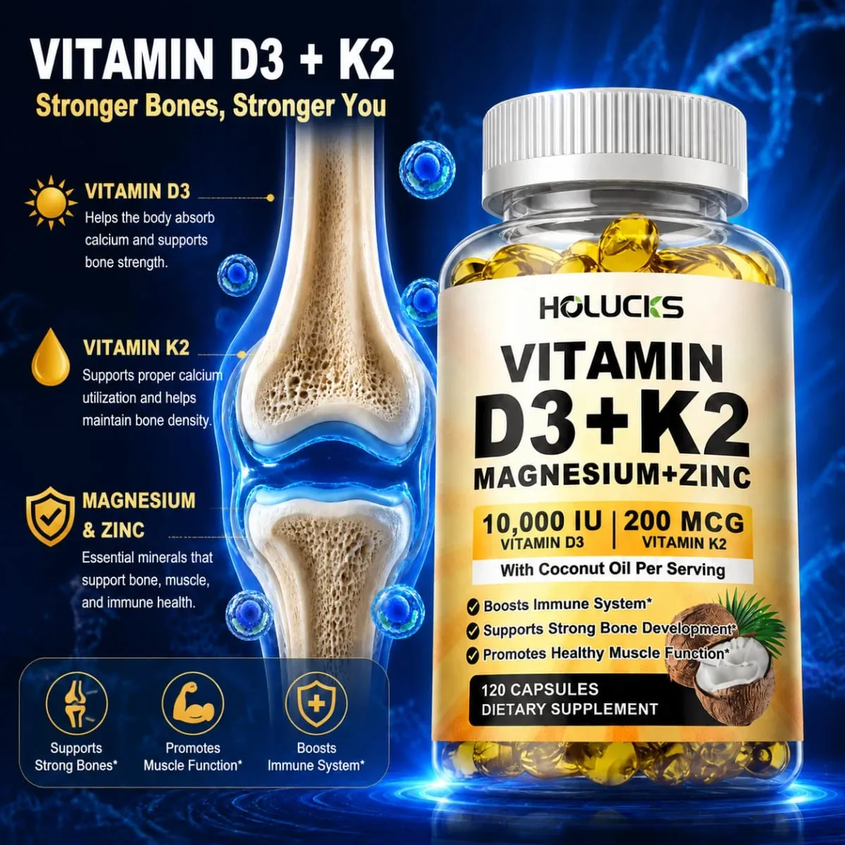 Holucks Vitamin D3+K2 Capsules with Magnesium Zinc Supports Bones & Joints Health Immune System Daily Sports Vitality
