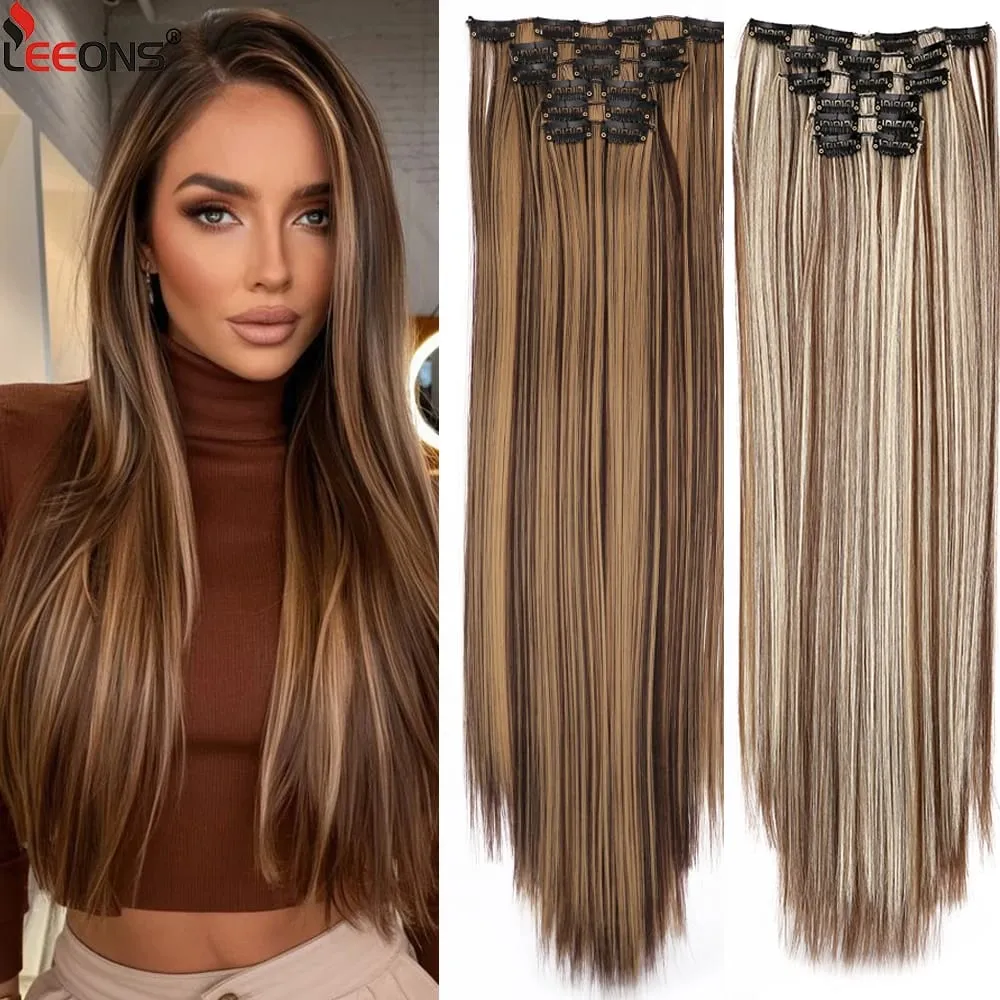 Black Clip In Extensions Straight 22" Long Synthetic Thick Clips On Hair Piece For Women 6Pcs/Set Curly Full Head Weddings Daily — image 1