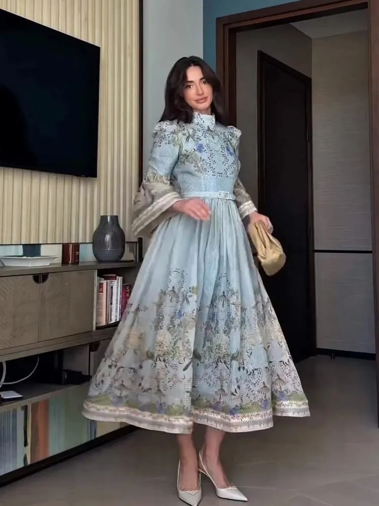 Spitze Gedruckt frauen Kleid Elegante Halb Hohe Kragen Lose Hülse Einreiher Gürtel Weiblichen Rock 2026 Sommer Dame Drapierte robe — image 3