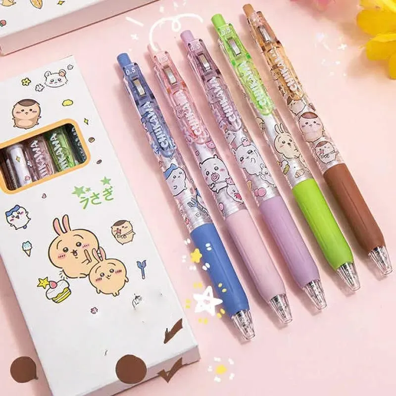 5pcs Cartoon Kawaii Gel Pen 0.55mm Refill Press Pen Black Pen Student Stationery School Writing Supplies animation Birthday Gift — image 2