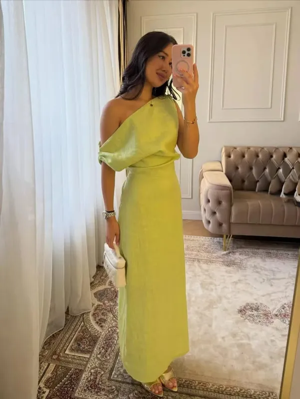Elegant One Shoulder Asymmetric Pleated Long Dress Chic Solid Color Slanted Collar Slim Cinched Slit Cotton Linen Blend Dresses — image 9