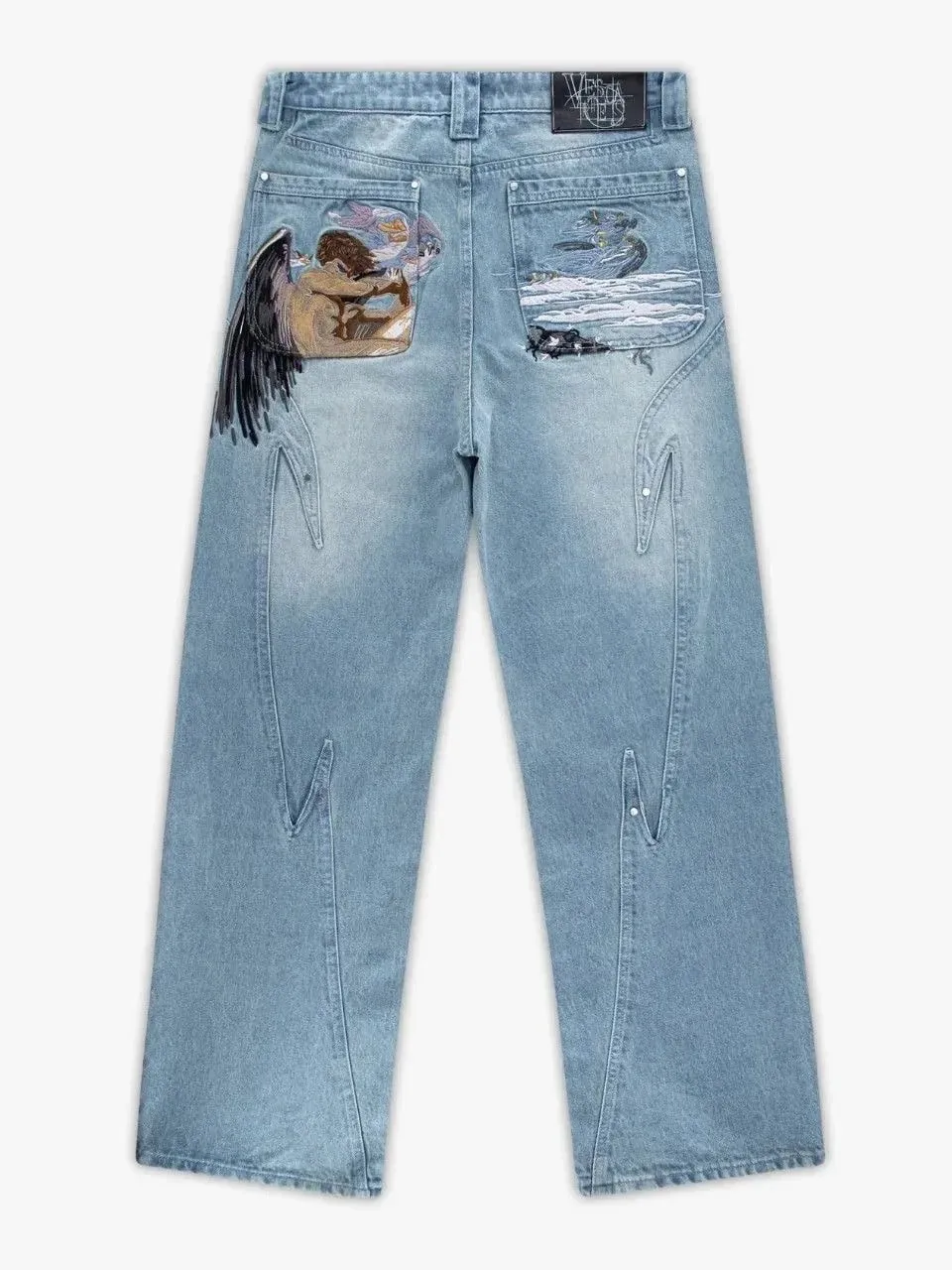 Y2K Black Baggy Cargo Jeans Men Horse Back Pocket Embroidery Cursive Wild Ride Distressed Cut Out Wide Leg Casual Denim Trouser — image 5