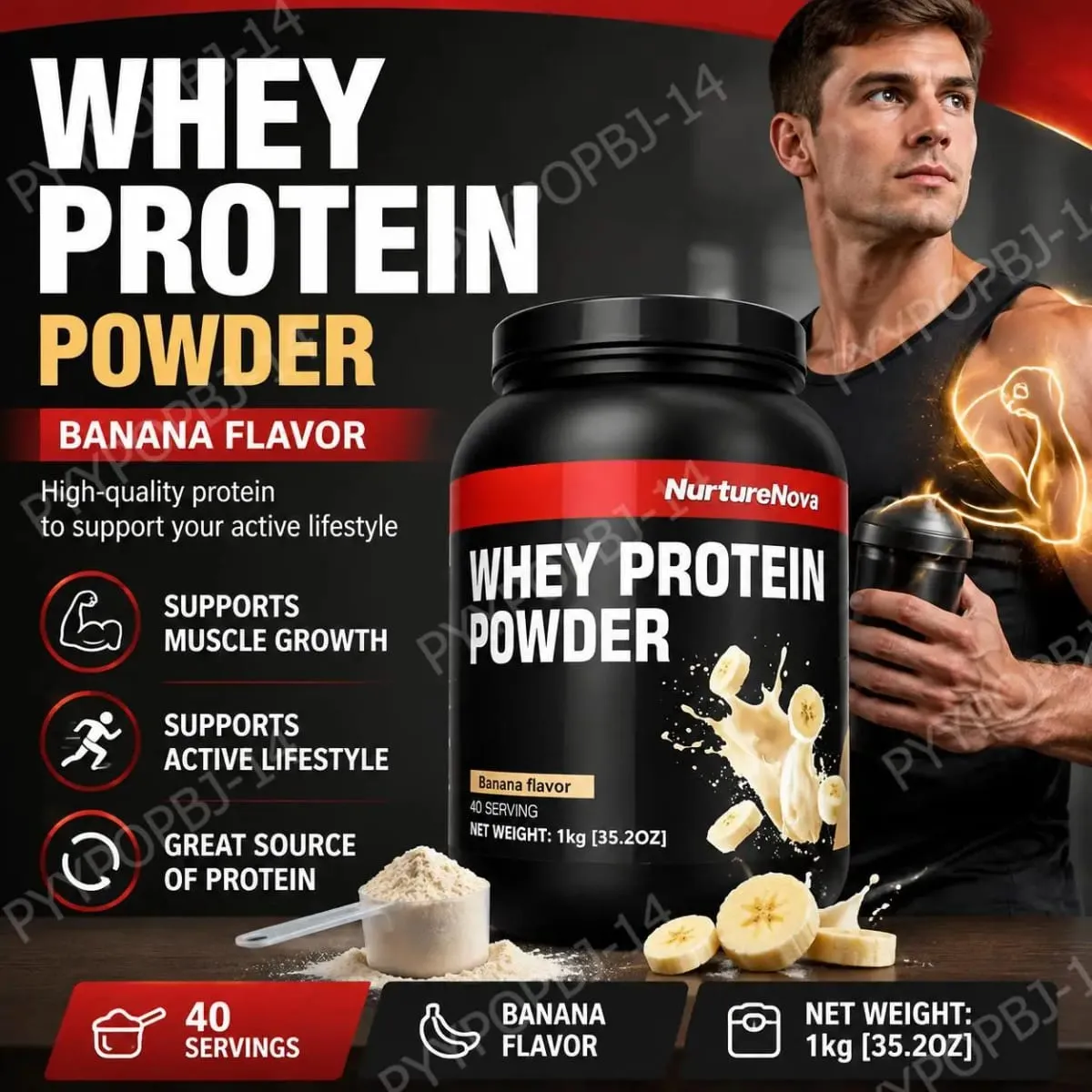 NurtureNova Whey Protein Powder with Taurine and Vitamins A D E C Zinc Banana Flavor 30 G Protein Per Serving 40 Servings — image 2