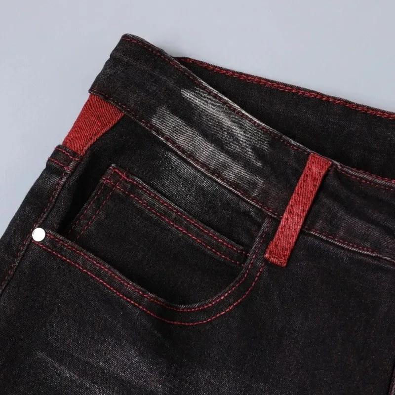 Streetwear Men Patch Ripped Jeans Black Red Design Slimming Men's Clothing Stretch Cozy Denim Pants Hip Hop Trend Trousers — image 4