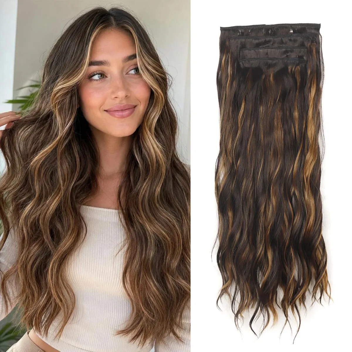 4 Pcs 22 Inch Clip in Hair Extensions Long Synthetic Wavy Curly Hairpieces Layered Soft Invisible Clip Ins Extensions for Women — image 1