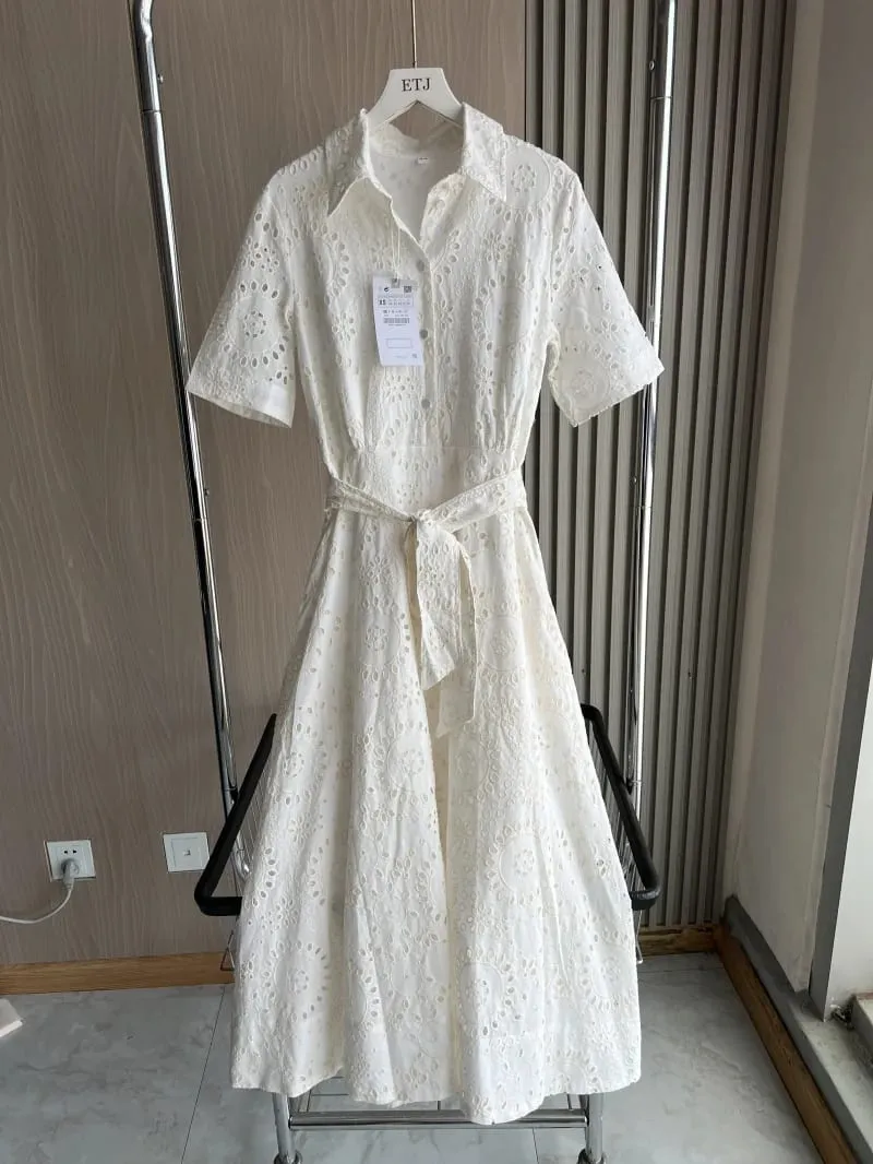 ETJ 2025 new women's elegant fashion hollow embroidery cotton shirt lapel short-sleeved dress temperament long skirt — image 1