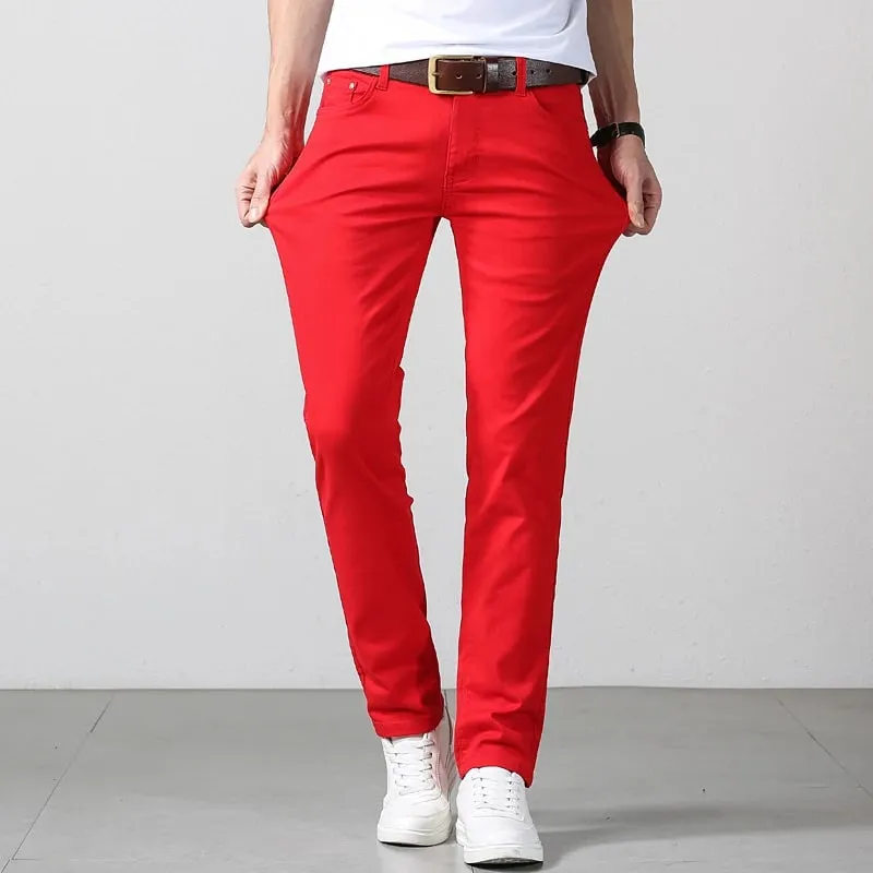 Elastic Cotton Slim Jeans Men Spring Korean Fashion Comfortable Casual Straight Leg Business Denim Trousers Yellow Pink Red