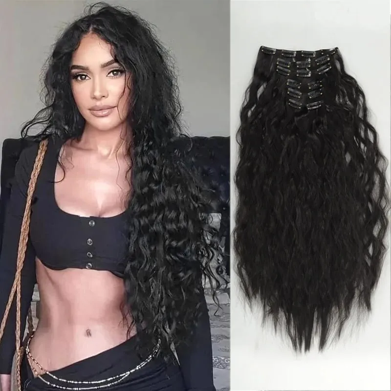 6PCS Clip In Hair Extensions 24" Black Brown Hair Extension Long Mermaid Waves Synthetic Clip On Hairpiece For Women