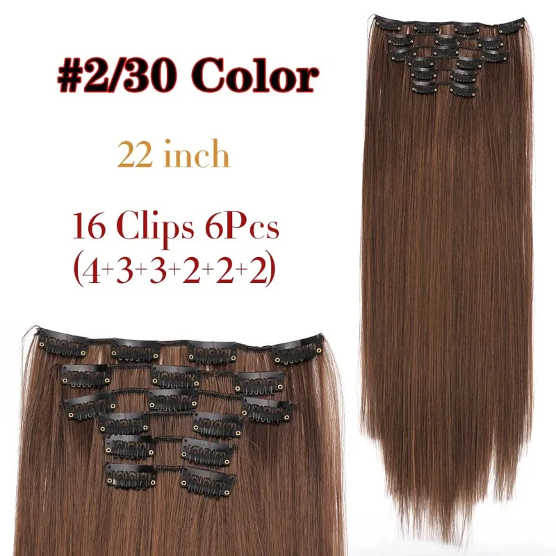 22 Inches Synthetic Long Straight Hairstyle 16 Clips 6Pcs/Set Hair Extensions Blonde Black Hairpieces Heat Resistant For Women