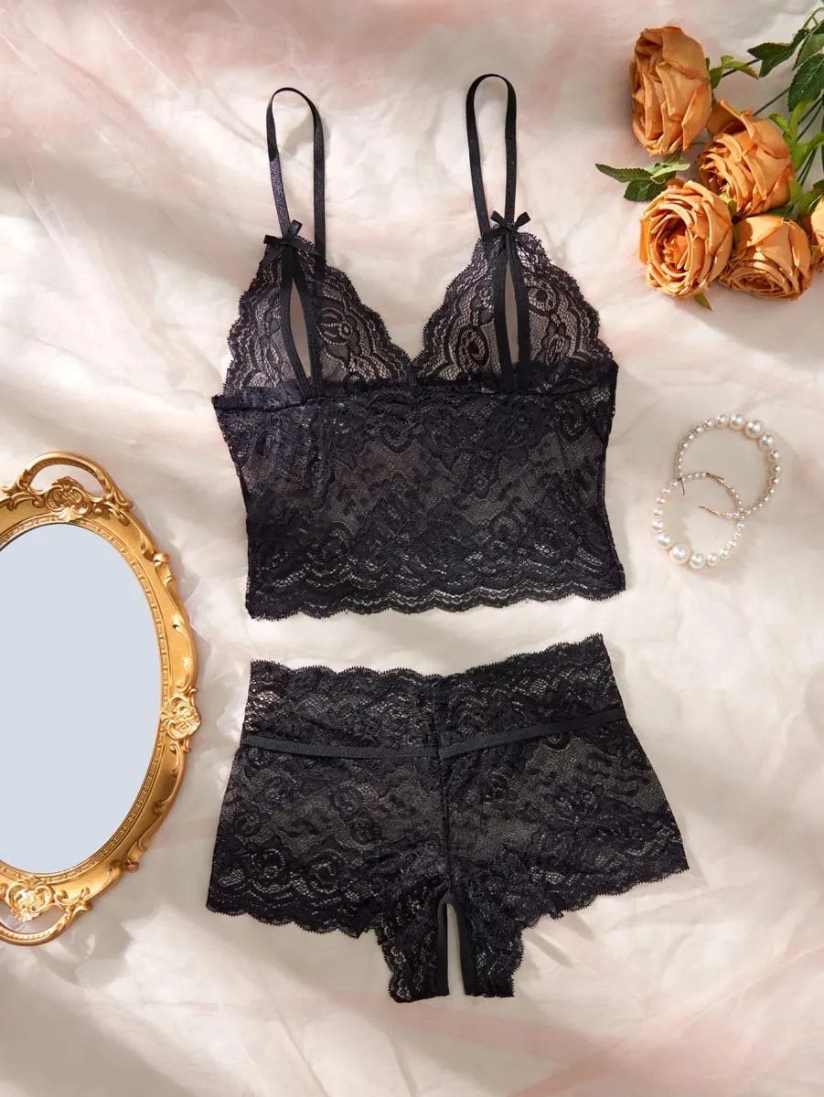 Women Black Open-Back Lace Two-Piece Panties Underwear Sleep Set — image 3