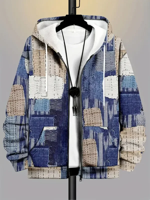 Retro Plaid Print Patchwork Zip Up Hoodie Men's Clothing Hot Style Long Sleeve Pullover Trend Streetwear Men Zip Up Hoodies — image 5