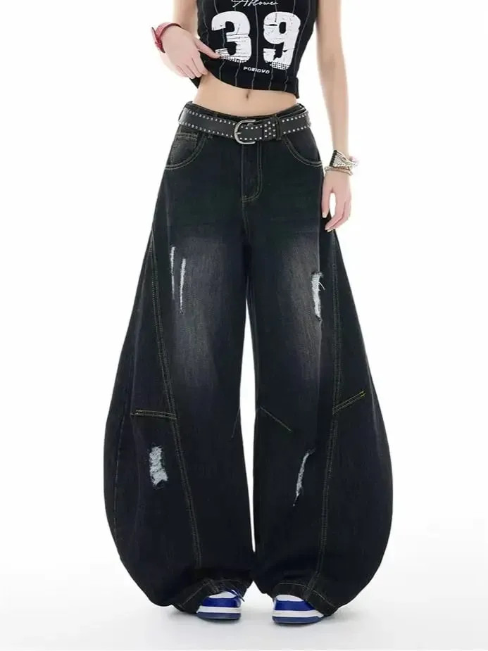 Retro-Style Curved-Leg Jeans Unisex Relaxed Fit Patchwork Soft Durable Women Men Versatile Washed Wide-Leg Pants — image 2