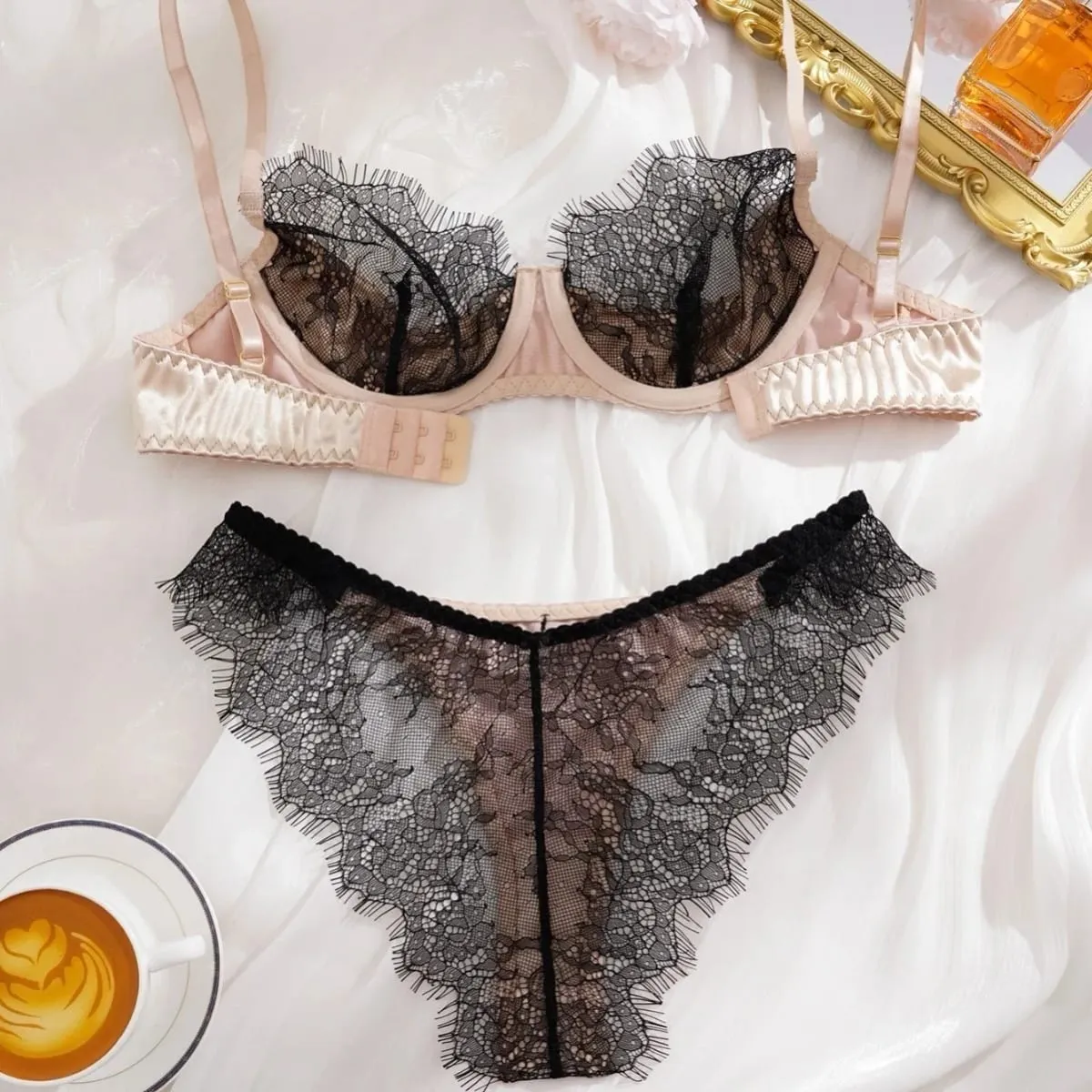 Satin Fabric Eyelash Lace Patchwork Ultra Thin Unlined Bra Sets Underwear with Underwire Sexy Lingerie Women Brassiere