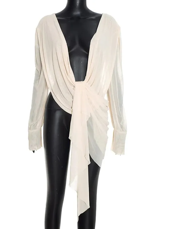 Beyprern Chic Y2K Aesthetic Plunging Neckline Mesh Top Female Draped Asymmetrical Long Sleeve Cover Up Blouse Night Out Clubwear — image 7