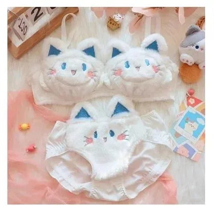 Cute Cat Paw Plush Lingerie Set for Women Warm Winter Bra & Panty with Ears Comfortable Kawaii Underwear — image 29