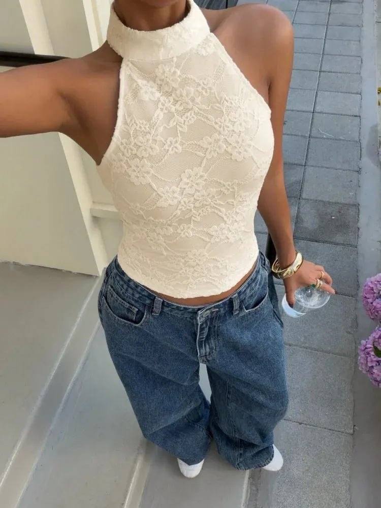 Women's Sexy White Lace High Neck Halter Back Button Backless Slim Fit Crop Top Casual Daily Vacation Summer 2026 — image 2