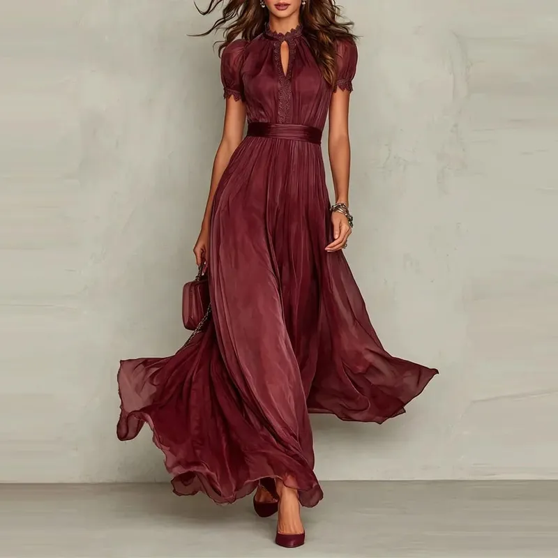 Elegant Chiffon Lace Trim Midi Dress Stand Collar Neck Puff Sleeve Cinched Waist Draped A Line Flowy Women's Casual Dresses — image 7
