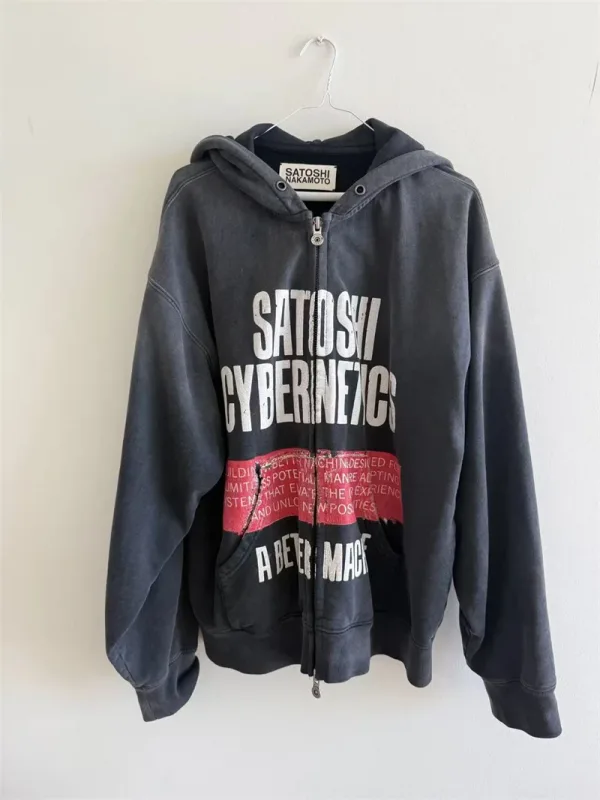 New SN Letter Printed Washed Retro Splashed Ink Zipper Hoodie Street Casual Cotton Loose Versatile Sports Oversize Trendy Top