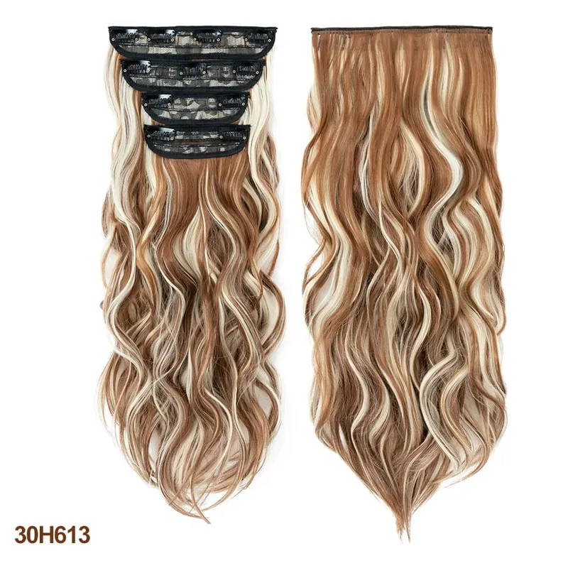 4 Pieces Set Clip In Hair Extensions Highlight Wavy Curly Long Synthetic Hairpieces For Women 22 Inch 180g Hair Clips Hair — image 21