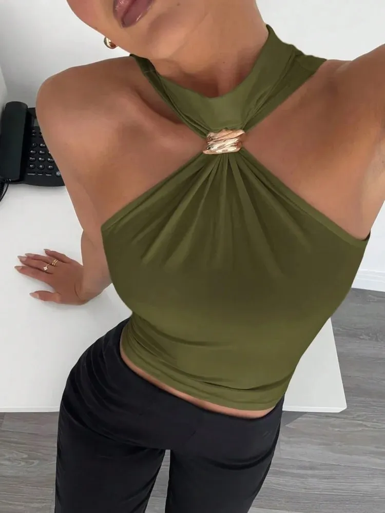 Metal Ring Decor Twist Knot Sleeveless Tank Top for Women Summer Casual Elegant Office Style Halter Neck Slim Fit Crop Top — image 8