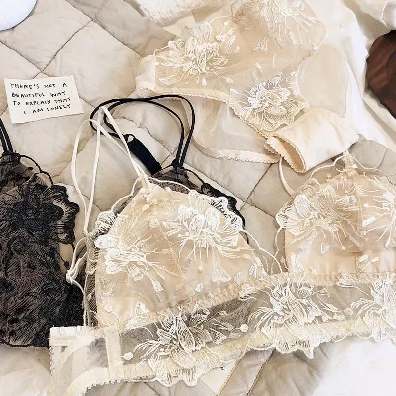 Embroidered Lace Bralette Set Triangle Cup Wireless Bra for Large Breasts Ultra Thin & Breathable Lingerie — image 6