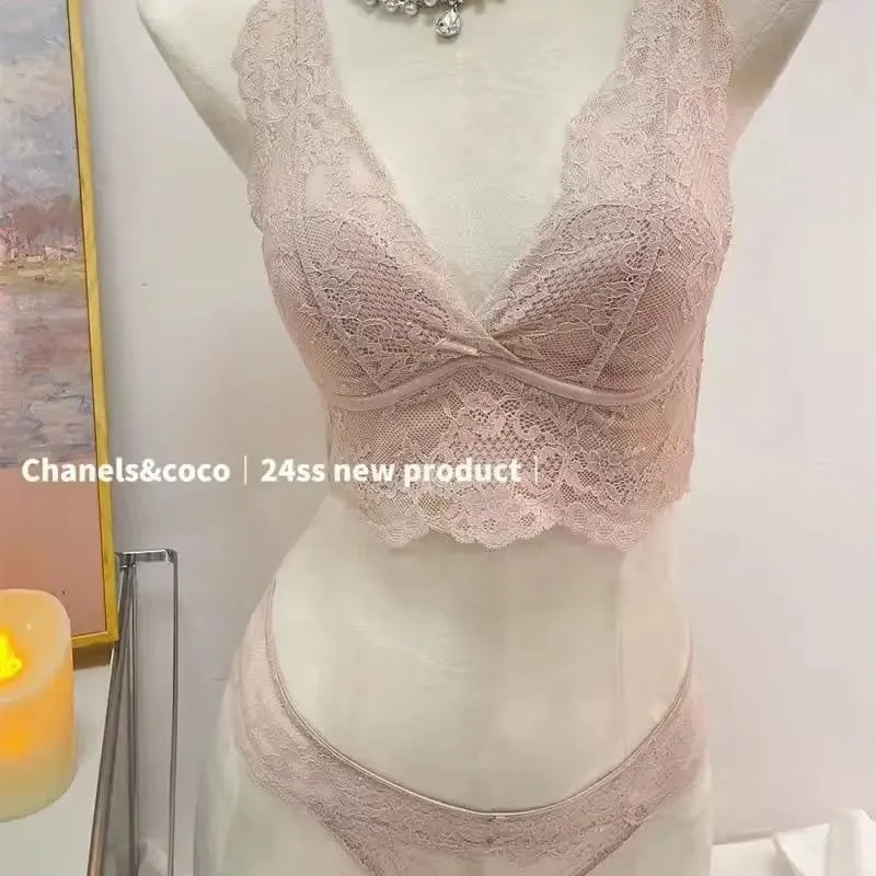 French Lace Lingerie Gathered Without Steel Rims White Inner Layer Layered Camisole Vest Bra Set Without Buttons Gather Toge — image 8