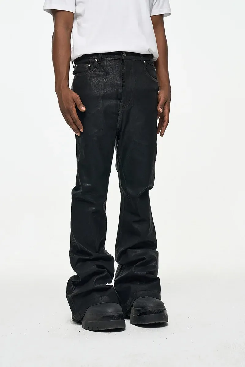 2026 High Street Coated Brushed Micro-flared Floor-length Jeans for Men Retro Street Wear Loose Micro-elastic Waxed Pants