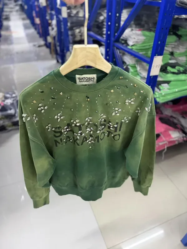 Letters Logo Rhinestone Rivet Satoshi Nakamoto Sweatshirts Men Women Streetwear Vintage Washed Charcoal Gray Green Pullovers Tag — image 6