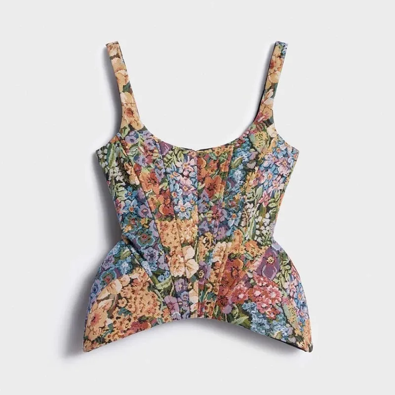Elegant and Sexy Retro Printed Camisole Tight Corset Women's Backless Zipper Sleeveless Slim Fit High Street Party Vacation Top