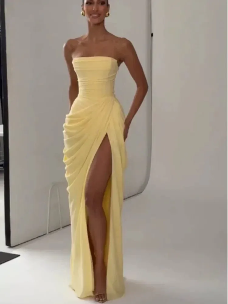 Kobiety żółta elegancka plisowana sukienka bez ramiączek seksowna bez rękawów wyszczuplająca talia suknie Maxi z rozcięciem 2026 Lady nowe suknie wieczorowe