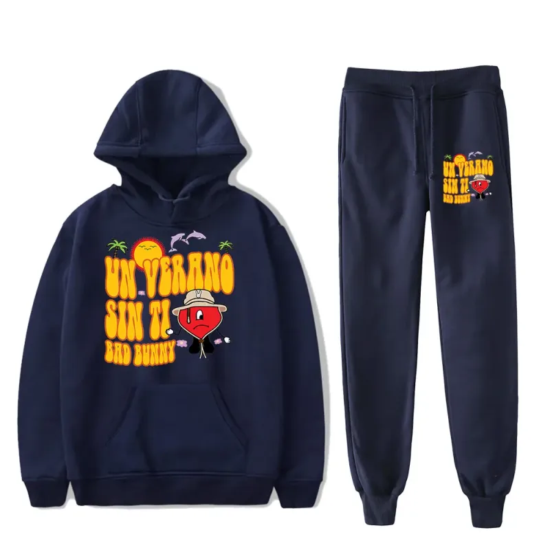 Comfortable Bad Bunny Un Verano Sin Ti logo Rapper Print Sweatshirt Sweatpants Suit Hoodies+Trousers Suit 2 Piece Set Clothes — image 4